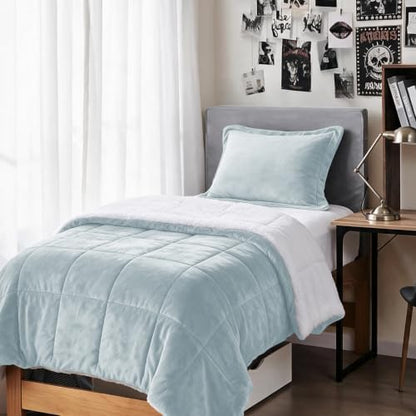 Sherpa Comforter Set Twin XL Size, Light Grey Bedding Set with Sham