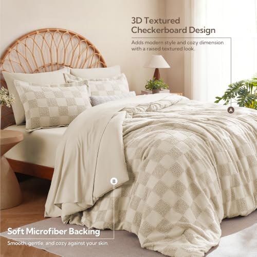 MR&HM King Size Comforter Set 7 Pieces, Checkered Boho Tufted Bed Set Beige