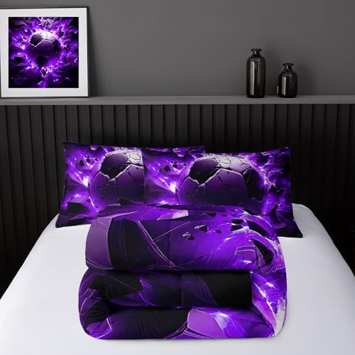 Nttopship Soccer Bedding Comforter Set Twin Size for Kids Teens and Adults, Purple and Black Football Printed Bedding Sets 3 PCS,Ball Sports Themed Bedroom Decor with 1 Comforter and 2 Pillowcases