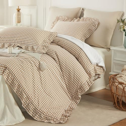 Gingham Ruffle Comforter Set Queen - 3 Piece Tan Checkered Bedding Set - Aesthetic Cottagecore Ruffled Farmhouse Comforter with 2 Pillow Shams - Soft, Lightweight All Season Bedding (90"x90")