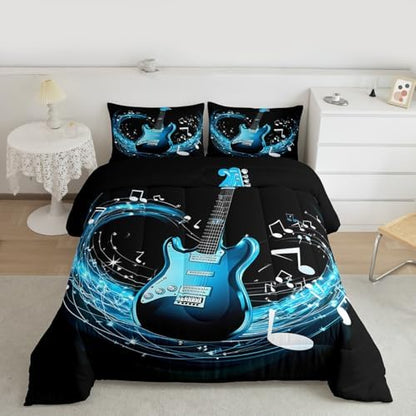 Erosebridal Guitar Comforter Set Twin,Blue Music Notes Down Comforter Rock Musical Bedding Set for Kids Boys Girls Teens,Cool Electric Instrument Hiphop Hippie Quilt Duvet Set 1 Pillow Case Black