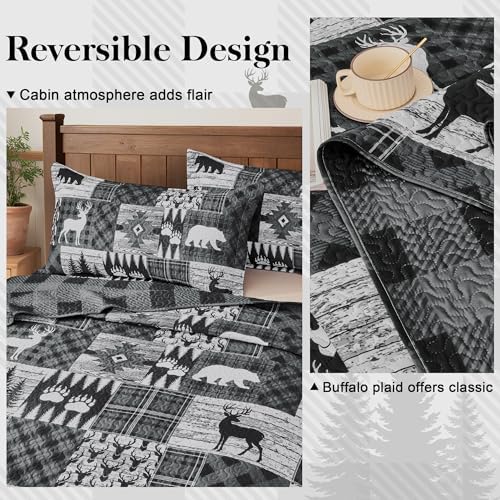 3 Piece Cabin Full/Queen Quilt Sets Farmhouse Rustic Reversible Microfiber Soft Lightweight Bedspread Comforter with 2 Shams Patchwork Country Lodge Bedding Quilts Set for All Season, 90''x96'' , Grey