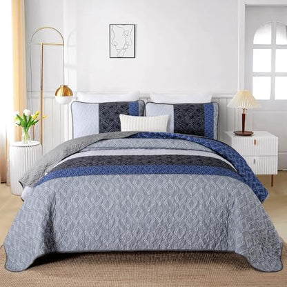 Cottolester Boho Quilt Set King Size,3 Pcs Gray Blue Striped Bedspread Set