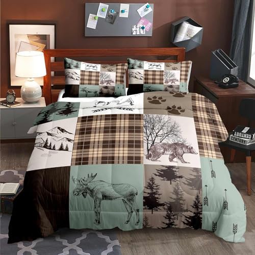 LUVIVIHOME 3PCS Rustic Patchwork Comforter Set King, Brown Plaid Sage Green Comforter, Bear Deer Elk Moose Woodland Forest Animal Wildlife Country Lodge Cabin Bedding Farmhouse Quilt, 2 Pillow Shams