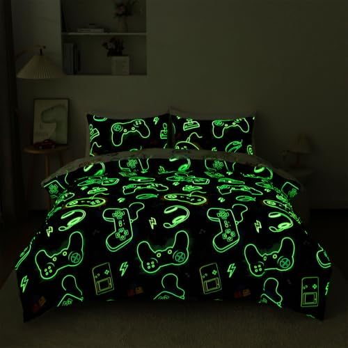 Holawakaka Kid Teen Glow in The Dark Gamer Full Comforter Set 5-Pieces