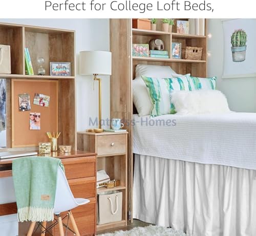Mattress-Homes Dorm Bed Skirt Twin XL 42 Inch Drop College Beds Twin Extra Long White Microfiber Ruffled Tailored with Split Corners Wrap Around Dust Ruffle for Lofted College Beds