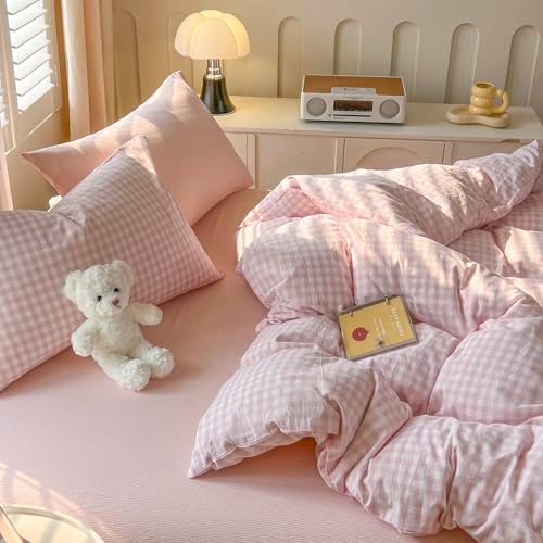 mixinni Light Pink Gingham Comforter Set King - 3 Piece Plaid Bedding Set, All-Season Soft Washed Cotton, Farmhouse Grid Pattern, Includes 1 Comforter & 2 Pillow Shams for Women Men