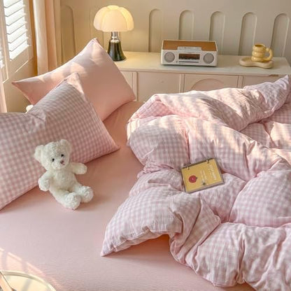 mixinni Light Pink Gingham Comforter Set Queen - 3 Piece Plaid Bedding Set, All-Season Soft Washed Cotton, Farmhouse Grid Pattern, Includes 1 Comforter & 2 Pillow Shams for Women Men