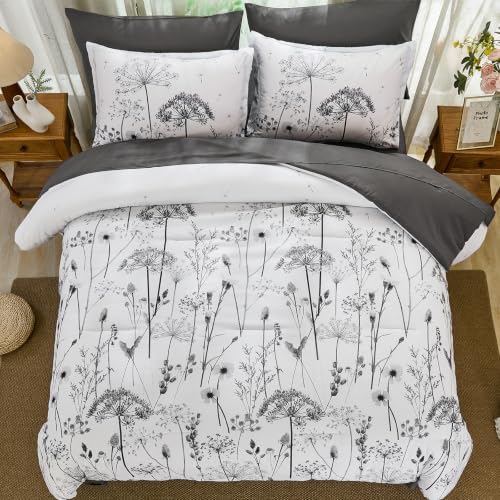 Yiran King Comforter Size Set, 7 Piece Grey Dandelion Floral Bed in a Bag