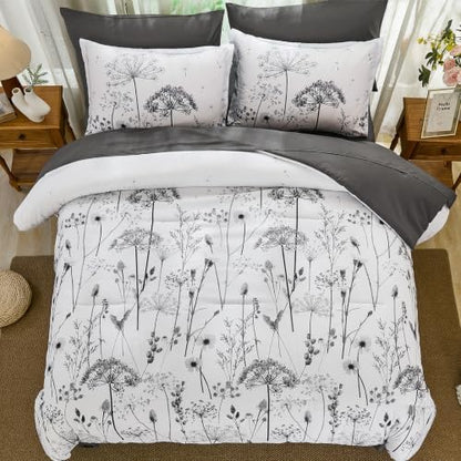 Yiran King Comforter Size Set, 7 Piece Grey Dandelion Floral Bed in a Bag