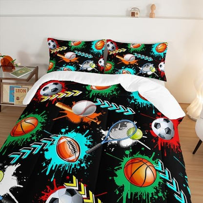 Kids Sports Balls Bedding King Comforter Set for Boys,Black Football Basketball Baseball Print Comforter Set for Kids Bedroom Decorate,Sports Themed Bedding Comforter Set with 2 Pillowcases.
