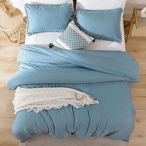 YIRDDEO Twin Comforter Set, Dusty Blue Ball Pom Fringe Bedding Set 2 Pieces