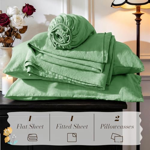 SONORO KATE 100% French Linen King Size Sheets Set,Natural Flax Bedding