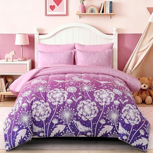 Dinjoy Girls Comforter Set 5 Pieces, Twin Size Colorful Ombre Rainbow Bedding Set, Bed in A Bag for Kid Teen Girls (1 Comforter, 1 Flat Sheet, 1 Fitted Sheet, 1 Pillow Shams, 1 Pillowcases)