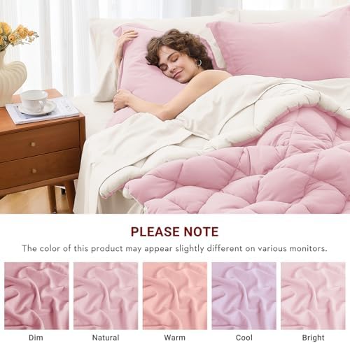 MUXHOMO 7 Pieces Queen Comforter Set, Reversible Bed in a Bag Queen Size, All Season Bedding Set with Comforter, Flat Sheet, Fitted Sheet, Pillowcases & Shams, Light Pink & Ivory