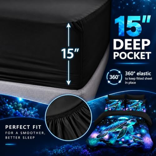 AILONEN Blue Turtle Comforter Set Twin Size,7-Piece Soft Bed in a Bag,Fairy Ocean Sea Turtle Comforter & Fitted Sheet with Flat Sheet & 2 Pillowcases,2 Pillow Shams for Bedroom