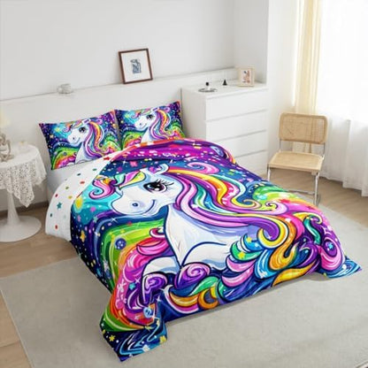 Castle Fairy Unicorn Comforter Set King Size 3 Piece Colorful Unicorn Bedding Set for Girls Kids Bedroom Decor,Universe Starry Sky Watercolor Reversible All Season Quilt Duvet with 2 Pillowcases