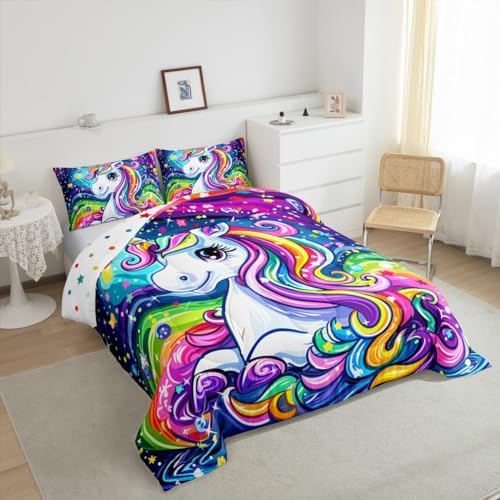 Castle Fairy Unicorn Comforter Set Full Size 3 Piece Colorful Unicorn Bedding Set for Girls Kids Bedroom Decor,Universe Starry Sky Watercolor Reversible All Season Quilt Duvet with 2 Pillowcases