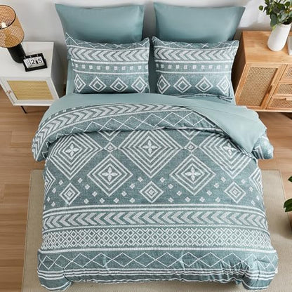 Yiran Boho Aztec Comforter Set Queen Size, Grayish Blue Comforter Bedding Set, 7 Piece Bed in a Bag, Soft Microfiber Bohemian Striped Complete Bedding Set with Sheets for All Season
