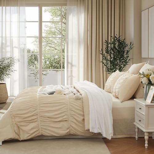 Cupocupa Ruched Ruffle Comforter Set Twin - 2 Piece Wheat Checkered Bedding Set - Aesthetic Cottagecore Ruffled Farmhouse Comforter with 1 Pillow Shams - Soft, Lightweight All Season Bedding