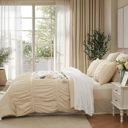 Cupocupa Ruched Ruffle Comforter Set Twin - 2 Piece Wheat Checkered Bedding Set - Aesthetic Cottagecore Ruffled Farmhouse Comforter with 1 Pillow Shams - Soft, Lightweight All Season Bedding