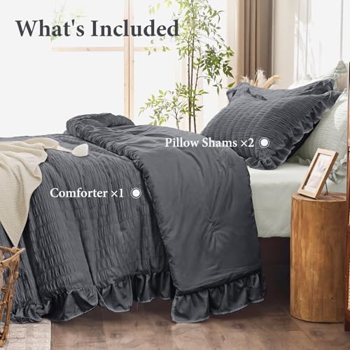 JOLLYVOGUE Dark Grey King Comforter Set,3pcs Seersucker Comforters King