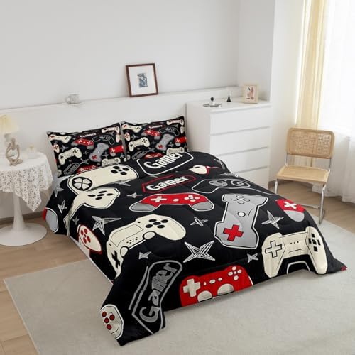 Kids Gamer Comforter Set Queen Size,Gaming Bedding Set for Boys Teens Adults Room Decor,Video Games Controller Colorful Buttons Duvet Insert 3Pcs,Hand Drawn Stars Gamepad Quilt Set,2 Pillowcases