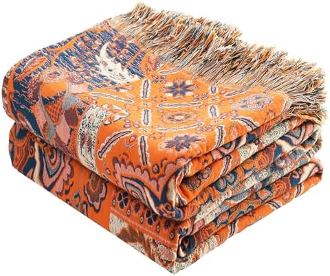 VANJOROY Boho Throw Blanket for Bed Couch 50" x 60", 100% Organic Cotton Skin-Friendly Ultra Soft Quilt Orange Throw - Floral Rustic Room Decor Luxury Reversible Blanket for Sofa Chair and Gift