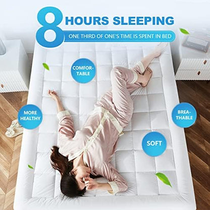 Full Mattress Pad Cover Pillow Top with Stretches to 18” Deep Pocket Fits Up to 8”-21” Cooling White Bed Topper (Down Alternative, Full Size)
