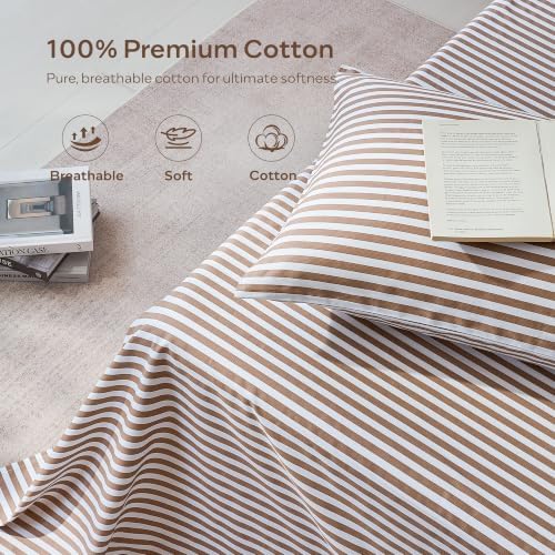 JELLYMONI 100% Cotton Sheet Set, Tan Striped, Queen
