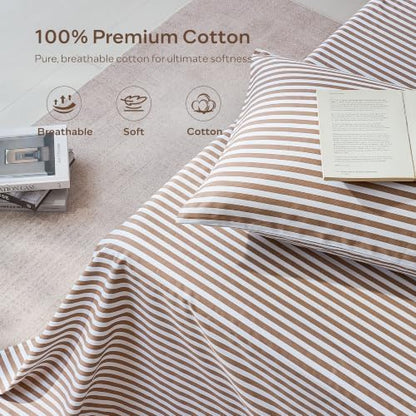 JELLYMONI 100% Cotton Sheet Set, Tan Striped, Queen