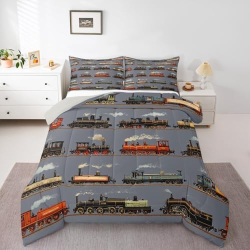 Feelyou Train Comforter Set Toddler Size Retro Steam Engine Train Bedding Set for Kids Boys Girls Vintage Transport Vehicle Duvet Quilt Bedroom Decor Microfiber 2 Pcs with 1 Pillow Cases