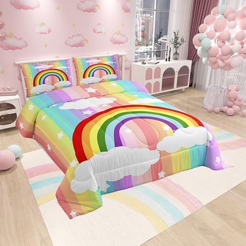 Girls Colorful Stripes Twin Size Comforter Set,Kids Rainbow Decor All Season Bedding Set,Teens Star and Cloud Comforter,Children Dreamy Decor Quilt Set Bedroom Collection 2Pcs