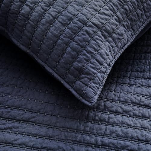 WDCOZY 100% Cotton Queen Size Quilt Set, Channel Pick Stitch, Navy Blue