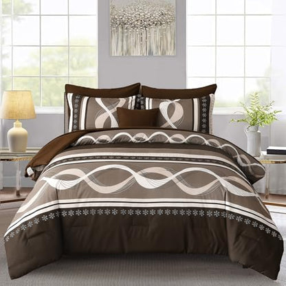 Anibedding Brown Comforter Set Queen Size,Patchwork Striped Bed in a Bag