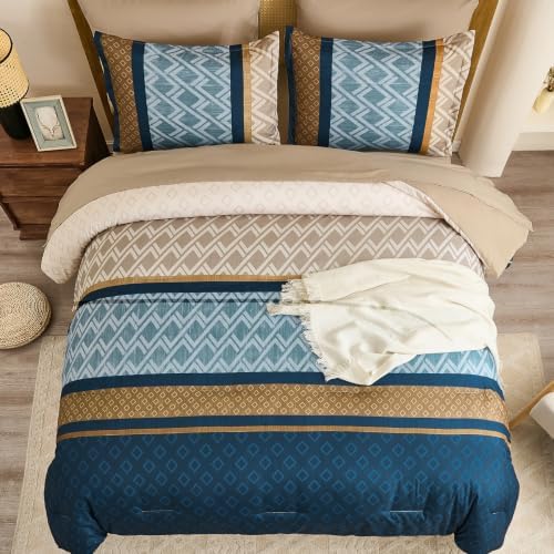 Queen Comforter Set 7 Pieces,Blue and Brown Boho Striped Bed in a Bag
