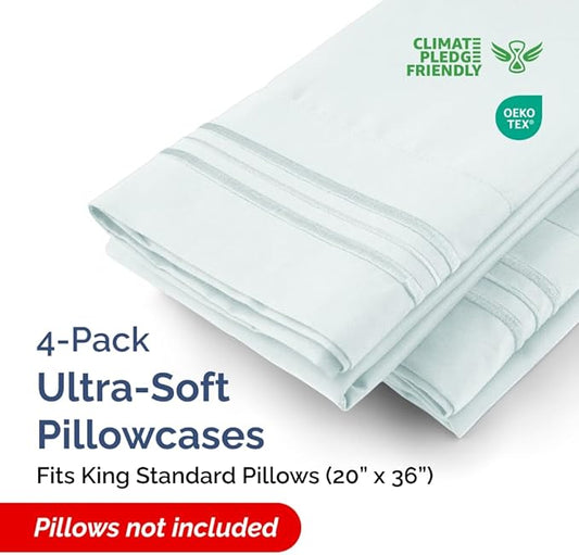 King Standard Pillow Cases Set of 4 - Soft Hotel Quality Pillowcase Covers - Comfy Bedding for Women, Men, Kids & Teens - Machine Washable Pillow Protectors - 4 Piece Set - King Standard Size Ice Blue
