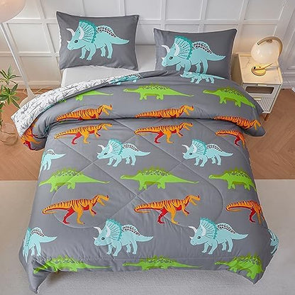 RYNGHIPY Dinosaur Kids Comforter Set Cartoon Dinosaur Bedding Sets for Boys 3 Pieces Queen Microfiber Comforter with Pillowcases Soft Lightweight (Dark Grey,Queen)