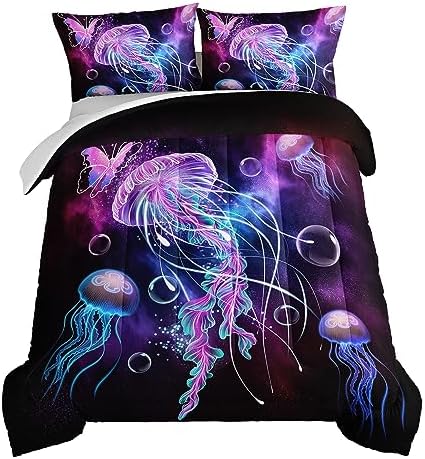 HOSIMA Jellyfish Printed Twin Comforter Ocean Theme Bedding Set 3 Piece,Universe Starry Sky Comforter Twin Bed in a Bag Galaxy Bedding Room Decor Butterfly Comforter for Kids Teens Adult.