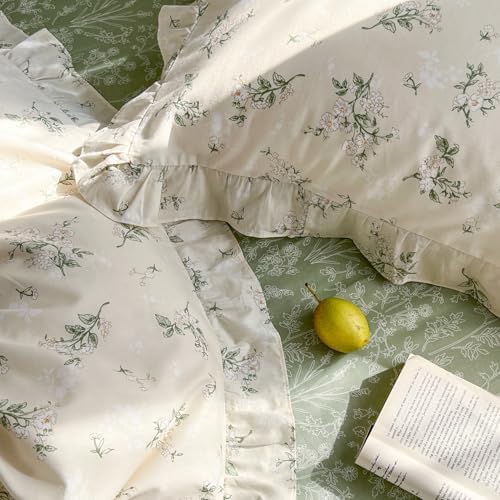 mixinni Reversible Sage Green Floral Duvet Cover Set King Size - 100% Cotton Cute Botanical Patterns Bedding Set with Ruffle Lace, 3PCs Beige Soft Aesthetic Cottagecore Style Duvet Cover for Girls