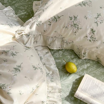 mixinni Reversible Sage Green Floral Duvet Cover Set King Size - 100% Cotton Cute Botanical Patterns Bedding Set with Ruffle Lace, 3PCs Beige Soft Aesthetic Cottagecore Style Duvet Cover for Girls