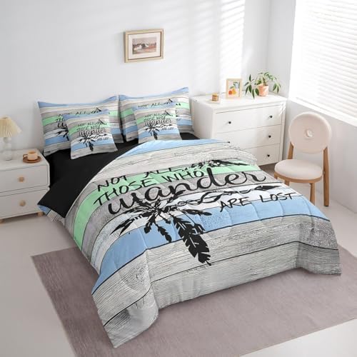 Erosebridal Happy Camping 7 Piece Bedding Set King,Camper Theme Comforter Set Bed in a Bag,Farmhouse Old Barn Door Sheet Set,Rustic Navy Blue Green Bedding,Arrow Camper Adventure Quilt