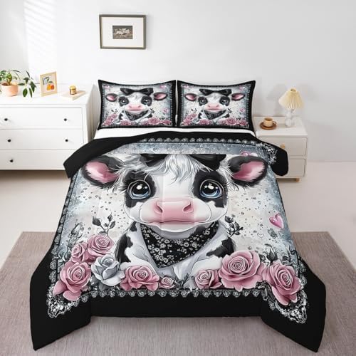 Feelyou Kids Cute Highland Cow Comforter Set Queen Size Highland Cattle Bowknot Bedding Set Boys Girls Flowers Floral Pattern Quilt Set Western Farmhouse Animal Bed Set