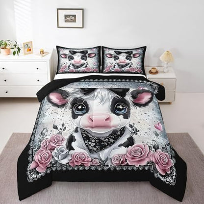 Feelyou Kids Cute Highland Cow Comforter Set Queen Size Highland Cattle Bowknot Bedding Set Boys Girls Flowers Floral Pattern Quilt Set Western Farmhouse Animal Bed Set