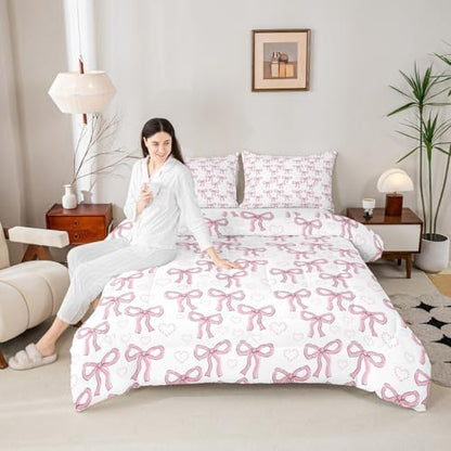 jejeloiu Bowknot Comforter Set Pink Bow Bedding Set Bow-tie Kids Twin