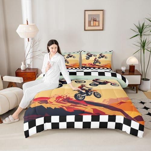 Feelyou Multi-Rider Motocross Comforter Set Full Desert Racing Dirt Bike Bedding Set Checkered Flag Duvet Quilt for Boys Girls Room Off-Road Racing Design Decor Outdoor Sports Soft Breathable