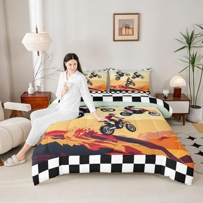 Feelyou Multi-Rider Motocross Comforter Set King Desert Racing Dirt Bike Bedding Set Checkered Flag Duvet Quilt for Boys Girls Room Off-Road Racing Design Decor Outdoor Sports Soft Breathable