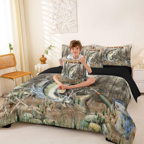 Erosebridal Pike Fish Queen Comforter Set with Sheets 7 Piece Hunting and Fishing Bed in A Bag Vintage Rustic Animal Bedding Sets for Kids Adults Country Wildlife Bed Set