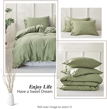 Simple&Opulence 100% Linen Duvet Cover Set 3pcs with Bowknot Ties Closure Natural French Washed Flax Solid Color Soft Breathable Farmhouse Bedding - Sage Green, King Size