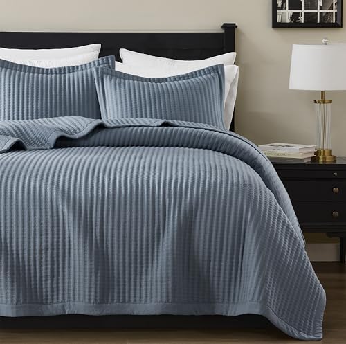 WDCOZY Dusty Blue Twin Size Quilt Set, Striped Pick Stitch Bedspread